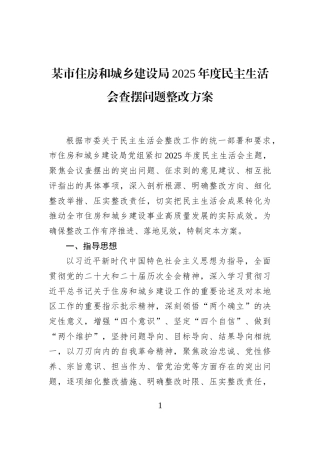 某市住房和城乡建设局2025年度民主生活会查摆问题整改方案