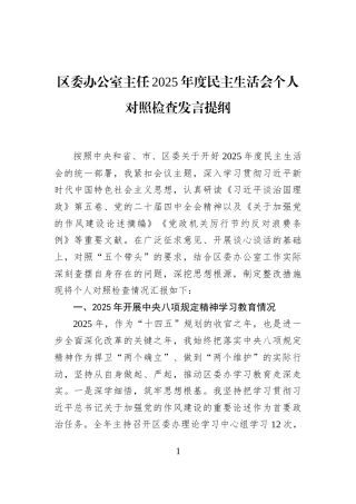 区委办公室主任2025年度民主生活会个人对照检查发言提纲