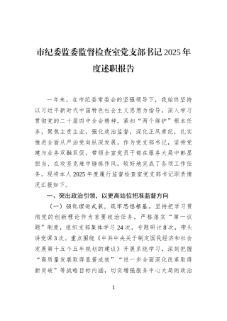 市纪委监委监督检查室党支部书记2025年度述职报告