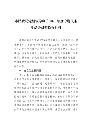 市民政局党组领导班子2025年度专题民主生活会对照检查材料