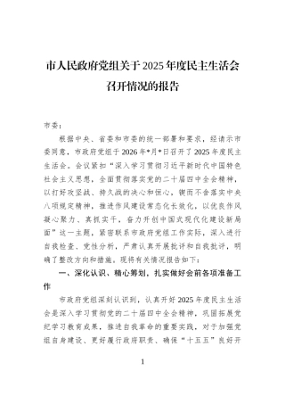 市人民政府党组关于2025年度民主生活会召开情况的报告