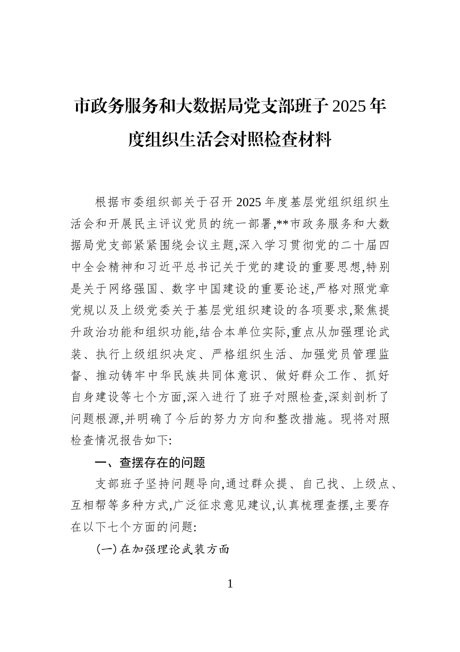 市政务服务和大数据局党支部班子2025年度组织生活会对照检查材料_第1页