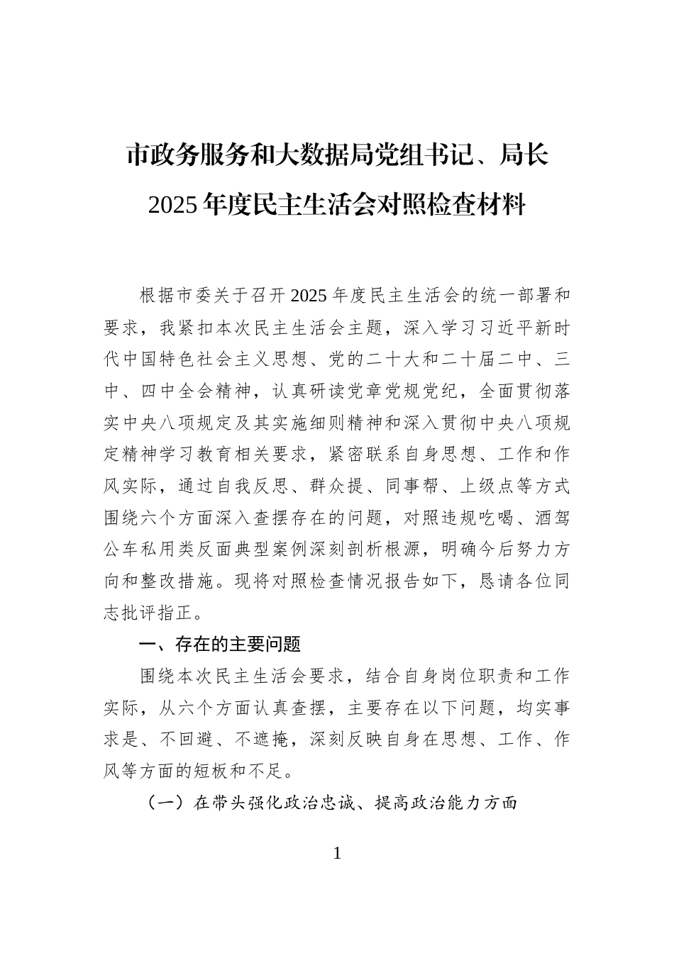 市政务服务和大数据局党组书记、局长2025年度民主生活会对照检查材料_第1页