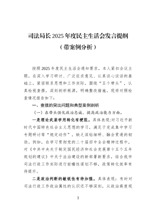 司法局长2025年度民主生活会发言提纲（带案例分析）