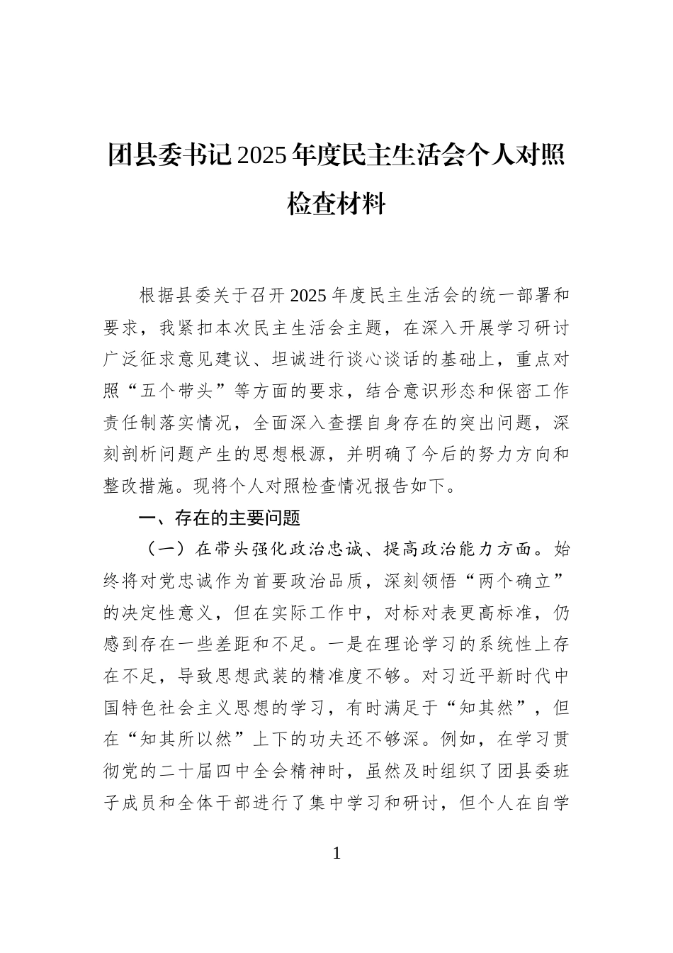 团县委书记2025年度民主生活会个人对照检查材料_第1页