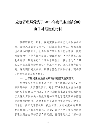 应急管理局党委于2025年度民主生活会的班子对照检查材料