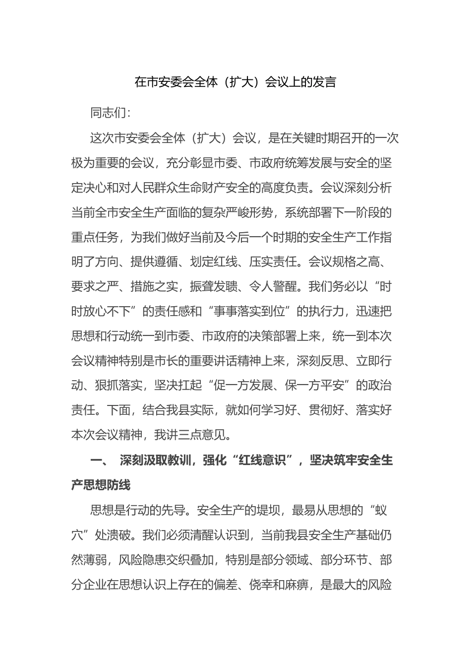 在市安委会全体（扩大）会议上的发言_第1页