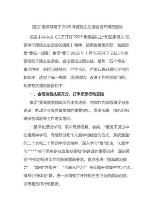 国企领导班子2025年度民主生活会召开情况报告