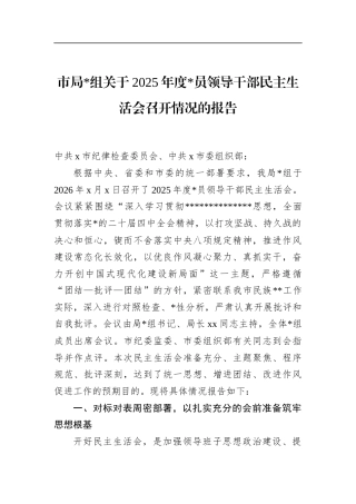 市局关于2025年度党员领导干部民主生活会召开情况的报告