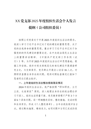XX党支部2025年度组织生活会个人发言提纲（公司组织委员）
