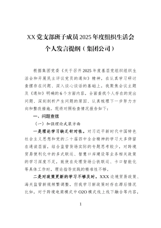 XX党支部班子成员2025年度组织生活会个人发言提纲（集团公司）