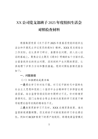 XX公司党支部班子2025年度组织生活会对照检查材料