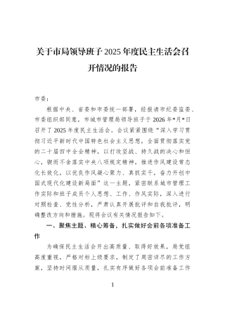 关于市局领导班子2025年度民主生活会召开情况的报告