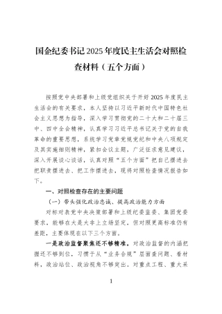国企纪委书记2025年度民主生活会对照检查材料（五个方面）