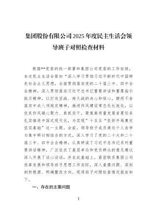 集团股份有限公司2025年度民主生活会领导班子对照检查材料