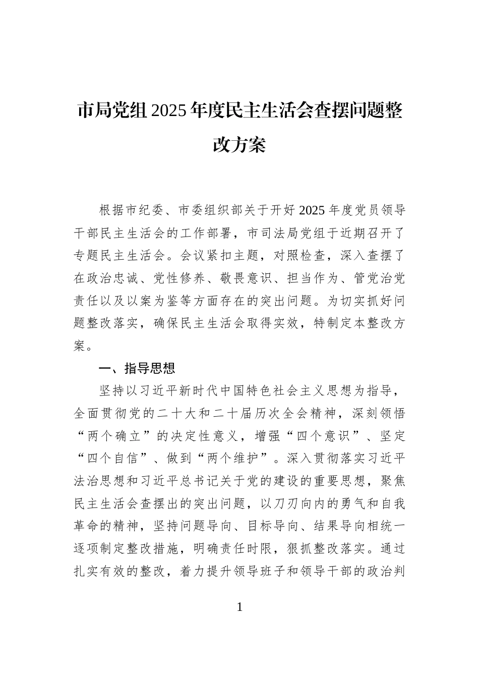 市局党组2025年度民主生活会查摆问题整改方案_第1页