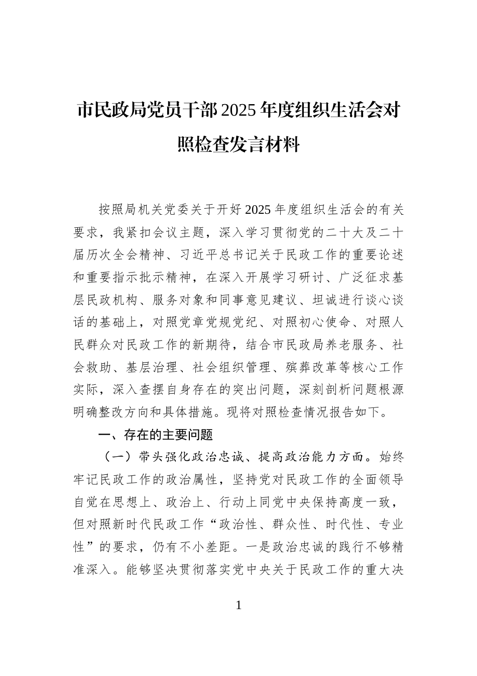 市民政局党员干部2025年度组织生活会对照检查发言材料_第1页