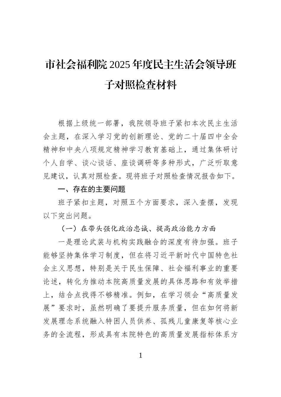 市社会福利院2025年度民主生活会领导班子对照检查材料_第1页