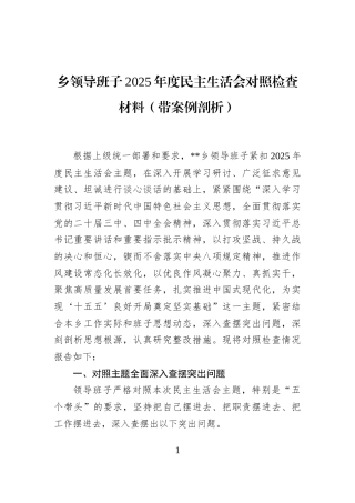 乡领导班子2025年度民主生活会对照检查材料（带案例剖析）
