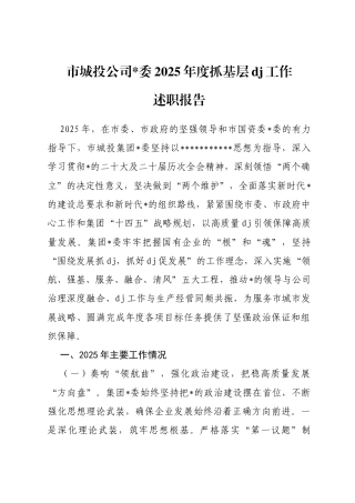 市城投公司2025年度抓基层党建工作述职报告