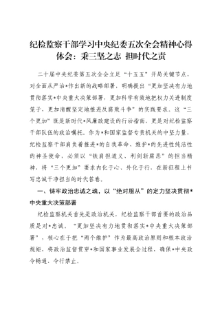纪检监察干部学习中央纪委五次全会精神心得体会：秉三坚之志担时代之责