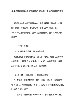 中央八项规定精神贯彻落实情况+回头看”工作总结暨整改报告