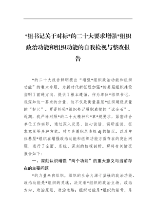书记关于对标党的二十大要求增强党组织政治功能和组织功能的自我检视与整改报告