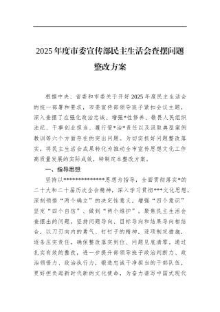 2025年度市委宣传部民主生活会查摆问题整改方案