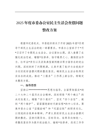 2025年度市委办公室民主生活会查摆问题整改方案