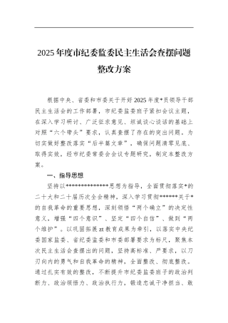 2025年度市纪委监委民主生活会查摆问题整改方案