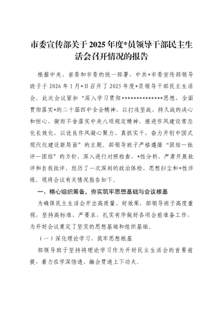 市委宣传部关于2025年度党员领导干部民主生活会召开情况的报告