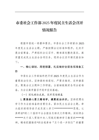 市委社会工作部2025年度民主生活会召开情况报告