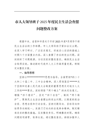市人大领导班子2025年度民主生活会查摆问题整改方案