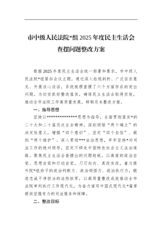 市中级人民法院2025年度民主生活会查摆问题整改方案