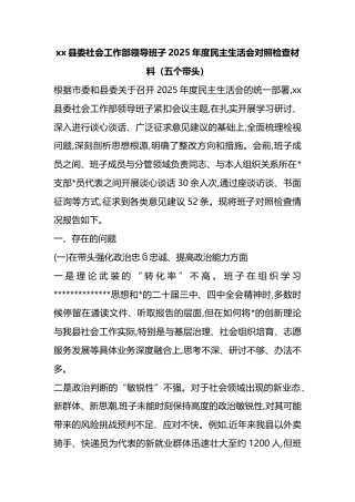 县委社会工作部领导班子2025年度民主生活会对照检查材料（五个带头）