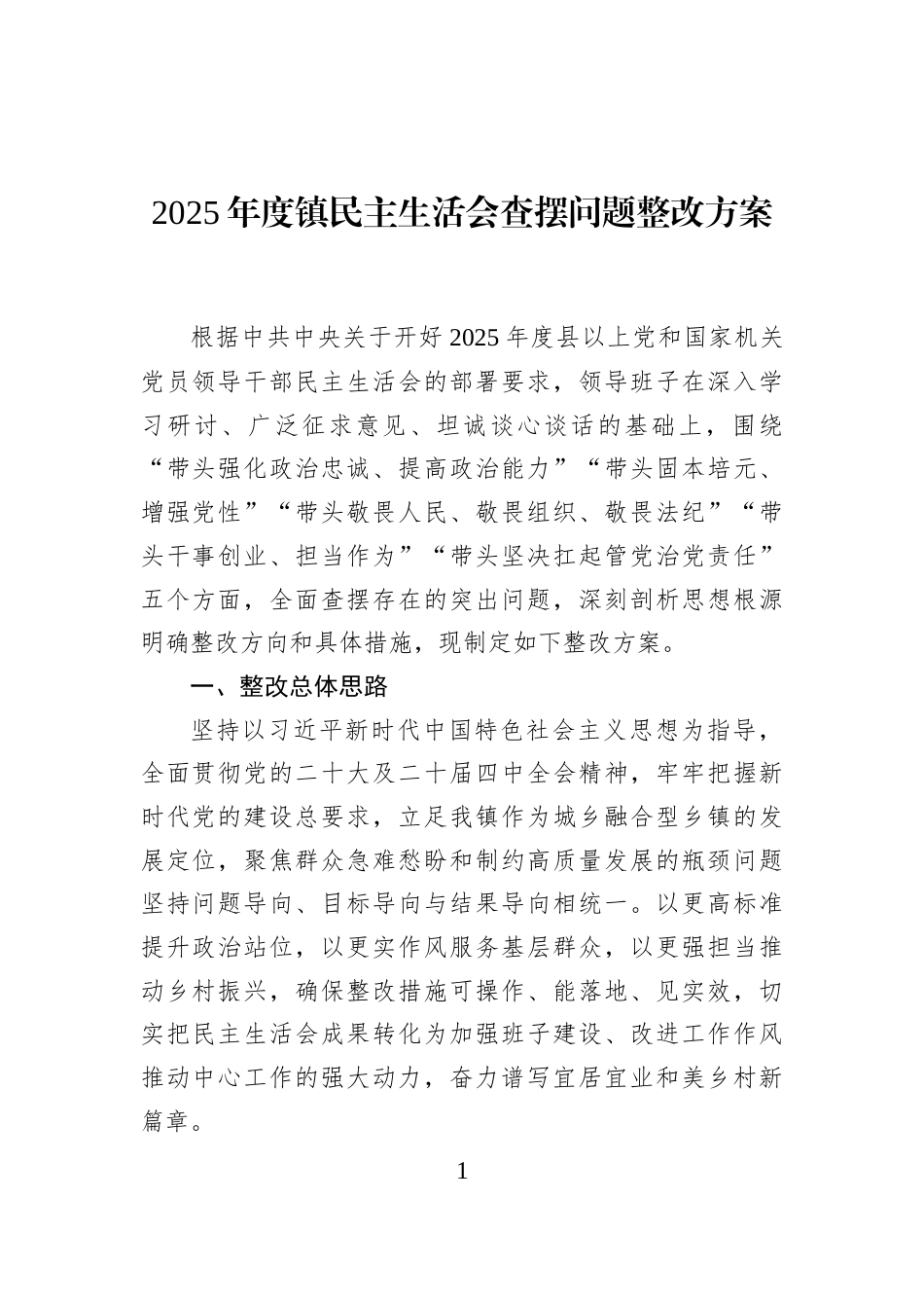 2025年度镇民主生活会查摆问题整改方案_第1页
