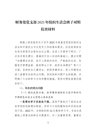 财务处党支部2025年组织生活会班子对照检查材料