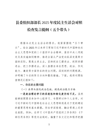 县委组织部部长2025年度民主生活会对照检查发言提纲（五个带头）