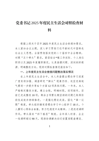 党委书记2025年度民主生活会对照检查材料