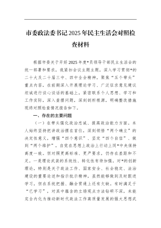 市委政法委书记2025年民主生活会对照检查材料