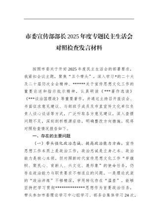 市委宣传部部长2025年度专题民主生活会对照检查发言材料