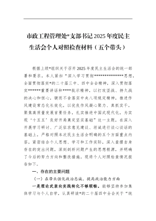市政工程管理处支部书记2025年度民主生活会个人对照检查材料（五个带头）
