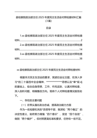 县检察院政治部主任2025年度民主生活会对照检查材料汇编（3篇）