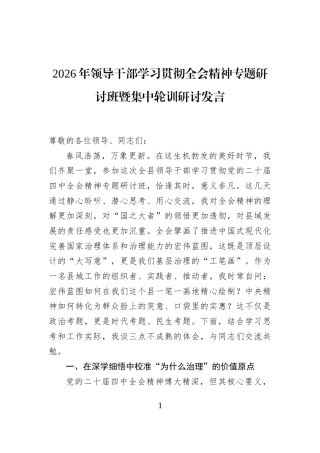 2026年领导干部学习贯彻全会精神专题研讨班暨集中轮训研讨发言