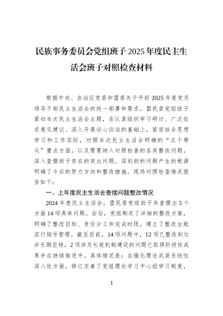 民族事务委员会党组班子2025年度民主生活会班子对照检查材料