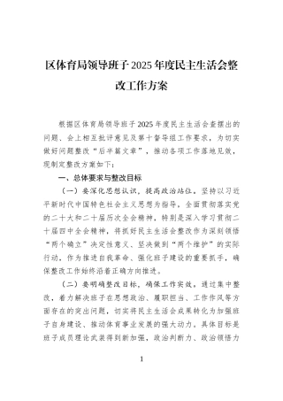 区体育局领导班子2025年度民主生活会整改工作方案