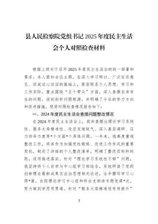 县人民检察院党组书记2025年度民主生活会个人对照检查材料