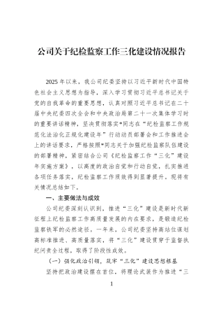公司关于纪检监察工作三化建设情况报告