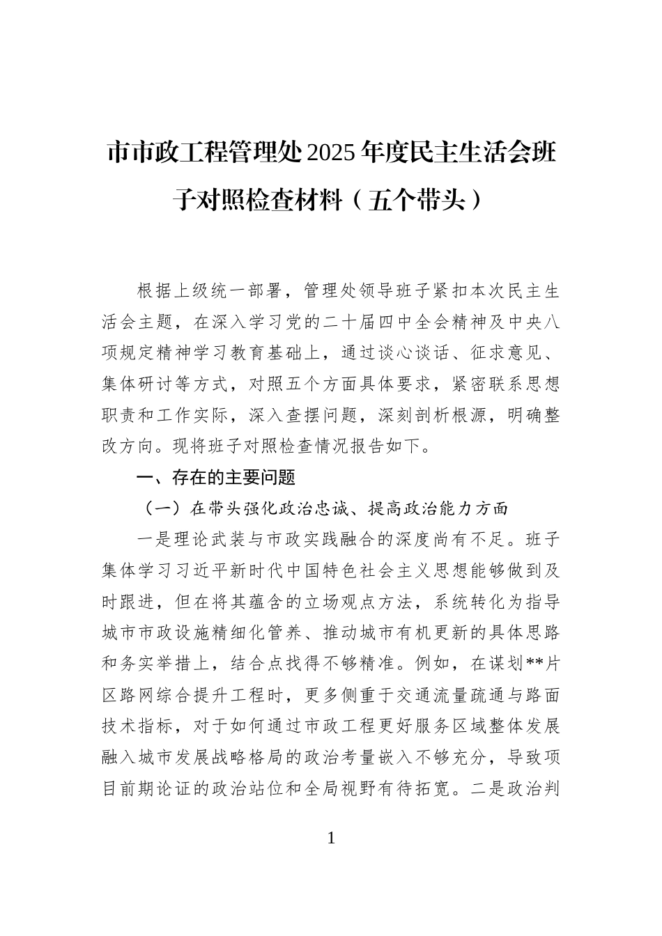 市市政工程管理处2025年度民主生活会班子对照检查材料（五个带头）_第1页