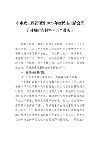 市市政工程管理处2025年度民主生活会班子对照检查材料（五个带头）